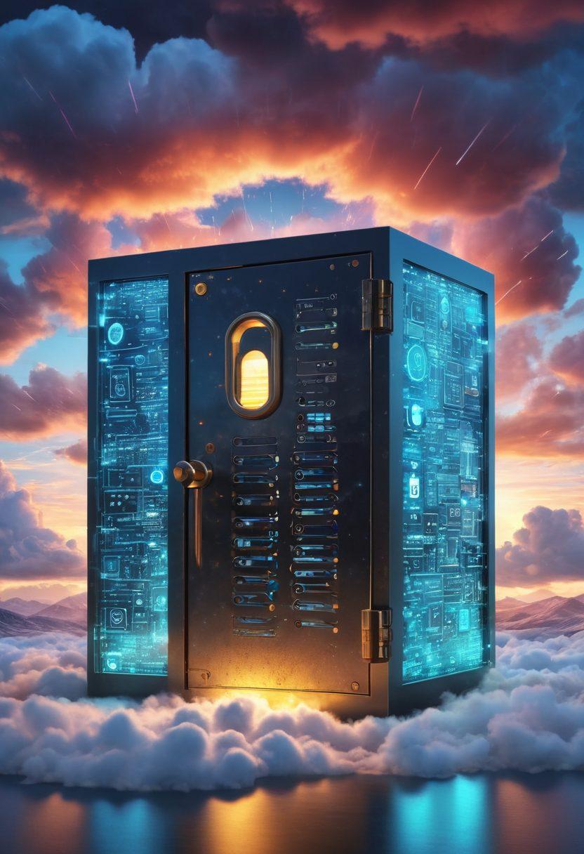 A secure vault filled with glowing encrypted documents, surrounded by digital locks and symbols representing encryption, capturing a sense of safety and accessibility. In the background, a bright, futuristic landscape with digital clouds and data streams symbolizes advanced technology. The overall feel conveys a mix of security and innovation. super-realistic. vibrant colors. 3D.
