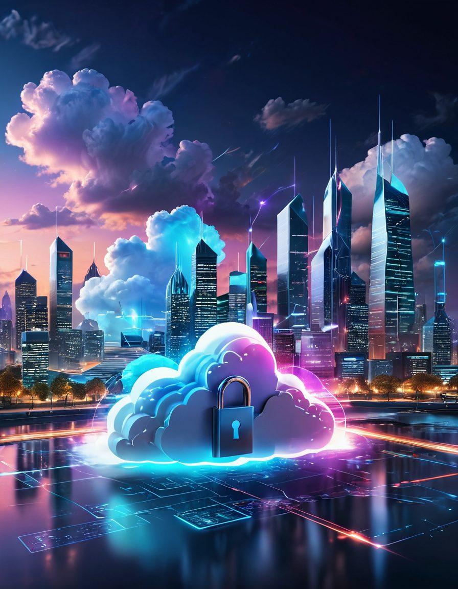 A futuristic digital landscape showcasing a secure file hosting service, with virtual locks and glowing folders floating in a cloud. In the background, a serene digital city represents stability and security, embellished with vibrant colors and abstract representations of data flow. An engaging user interface with charts depicting growth and success sits in the foreground. super-realistic. vibrant colors. 3D.