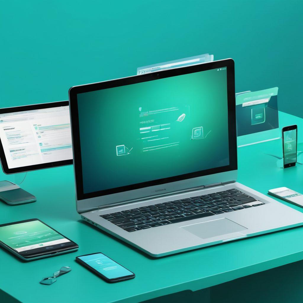 A sleek digital workspace featuring diverse devices like laptops, tablets, and smartphones seamlessly transferring files through animated digital connections. Incorporate vibrant icons representing different file types (documents, images, videos) flowing effortlessly between the devices, with a calming blue and green color palette. The background should be minimalist, evoking a sense of organization and efficiency. super-realistic. vibrant colors.